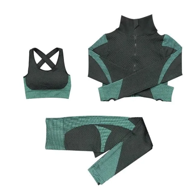 Ensemble de Yoga 3 pièces sans coutures vert olive – Image 3